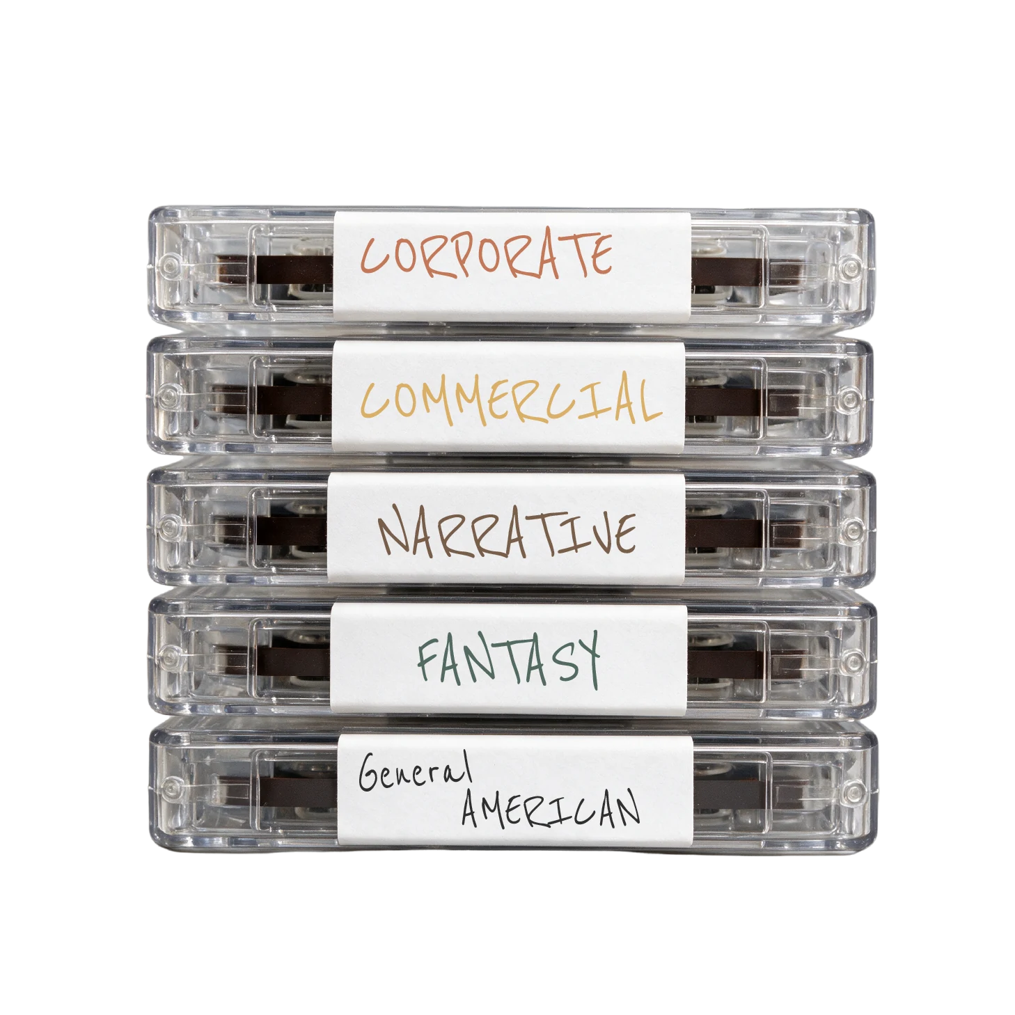 Stack of labelled voice over demo cassette cases